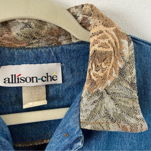 Vintage 80s Allison Che chambray collared floral tapestry button up blouse top - Picture 6 of 6